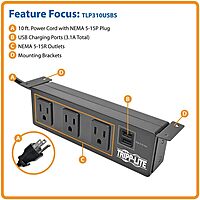 Tripp Lite 3 Outlet Surge Protector Power Strip with Mounting Brackets, 10ft Cord, 2 USB Charging Ports, & $20