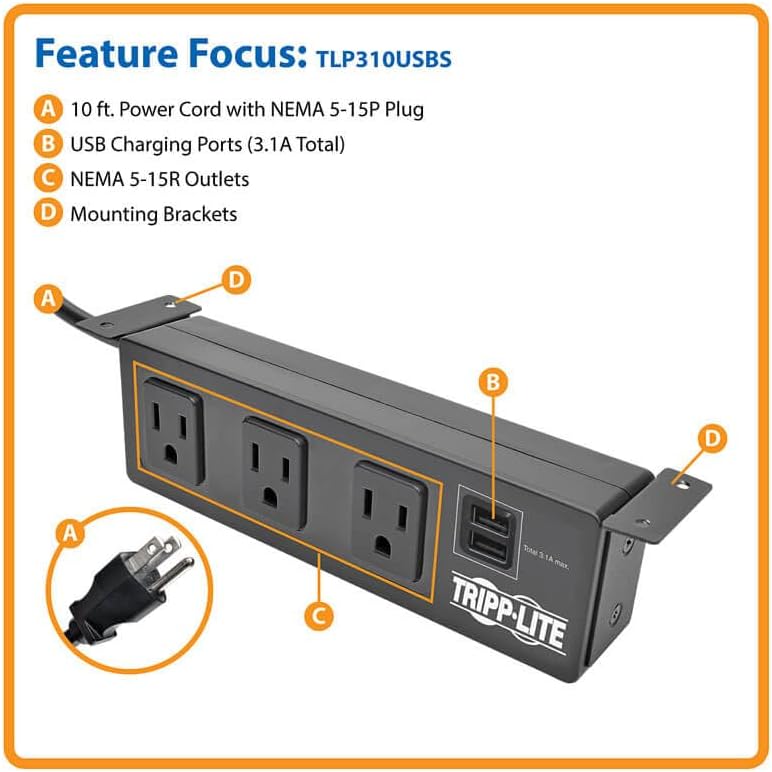 Tripp Lite 3 Outlet Surge Protector Power Strip with Mounting Brackets, 10ft Cord, 2 USB Charging Ports, & $20