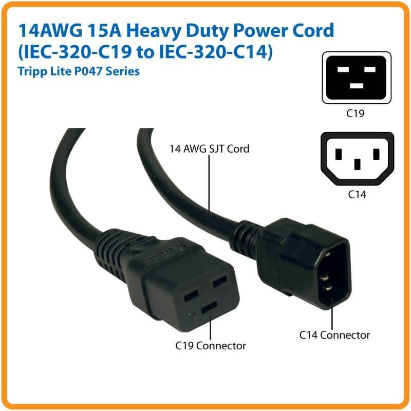 Tripp Lite Heavy-Duty Power Cord, 15A, 14AWG (IEC-320-C19 to IEC-320-C14) 6-ft.(P047-006),Black