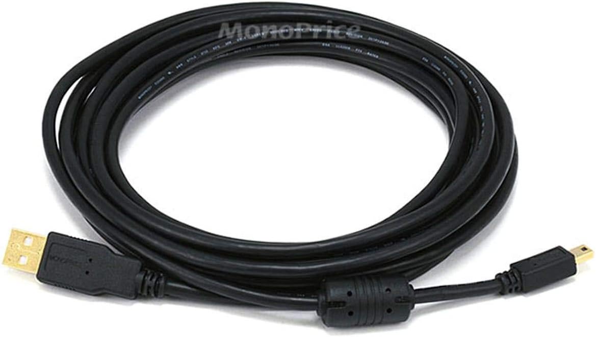 Monoprice USB 2.0 Type-A Male to Mini-B 5pin Male Cable - With Ferrite Core, Gold Plated, 28/24AWG, 10 Feet, Black