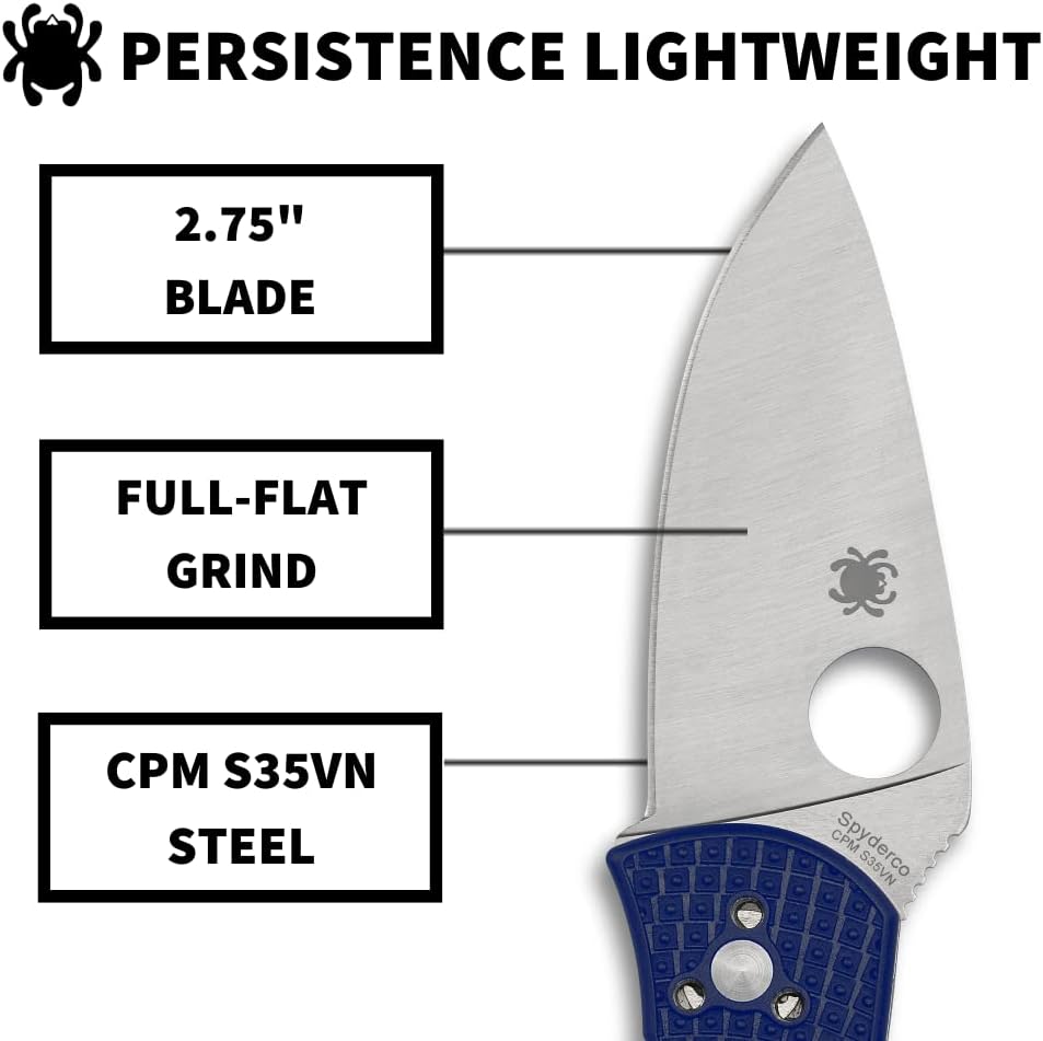 Spyderco Persistence Lightweight Folding Pocket Knife with 2.75 Inch CPM S35VN Steel Blade and Blue FRN Handle - PlainEdge