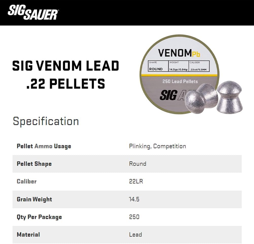 Sig Sauer Venom Lead .22 Pellets | 14.5Gr Round-Topped Air Ammunition for ASP CO2 Airguns, Pellet-Firing Air Pistols