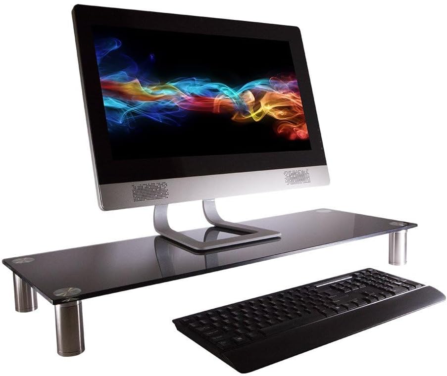 Monoprice Large Multimedia Desktop Stand - Black Glass (30.8 x 11in) Stand & Riser, Desktop TV Stand