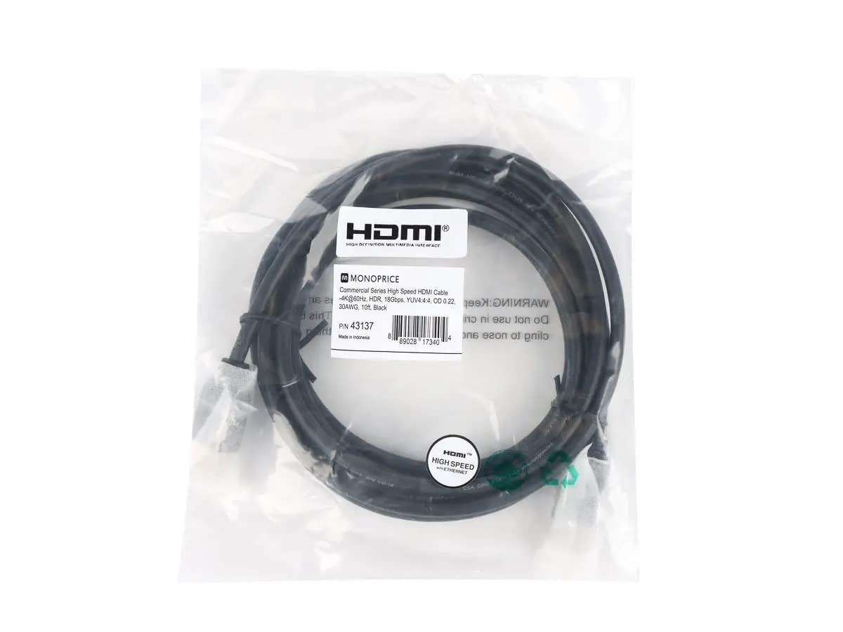 Monoprice Premium High Speed HDMI Cable - 10 Feet - Black | 4K@60Hz, HDR, 18Gbps, YCbCr 4:4:4, OD 0.22in, 30AWG