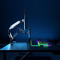 Mount-It! Heavy Duty Dual Monitor Arm up to 35 in. 44 lbs Screens, RGB Lights, 75x75 100x100 VESA Desk Mount for 2 Widescreen Curved Monitors 27 32 34 35 inches, Gas Spring, Clamp, Grommet, RGB Lights
