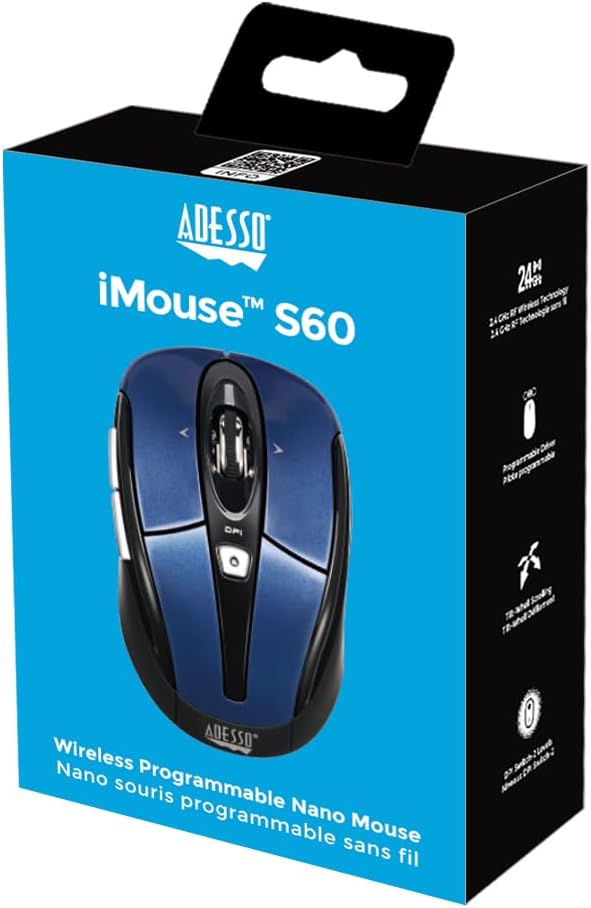 ADESSO iMouse S60 Wireless Optical Mouse with 2.4 GHz RF, Programmable Driver, Tilt-Wheel Scrolling