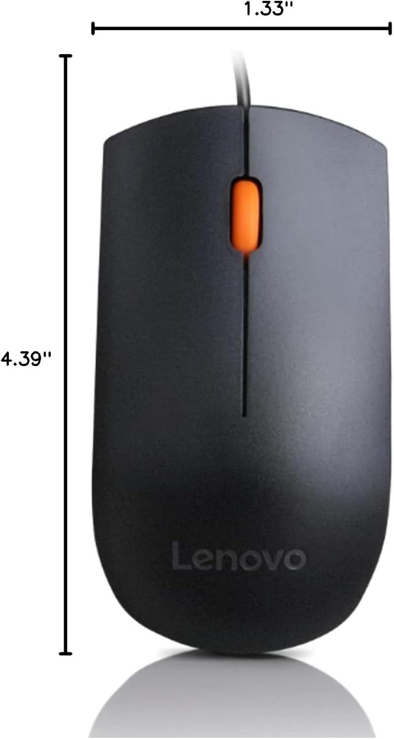 Lenovo 300 USB Wired Computer Mouse - Full Size Optical Ambidextrous Mouse with 1600 DPI, Reliable USB-A Wired Connection