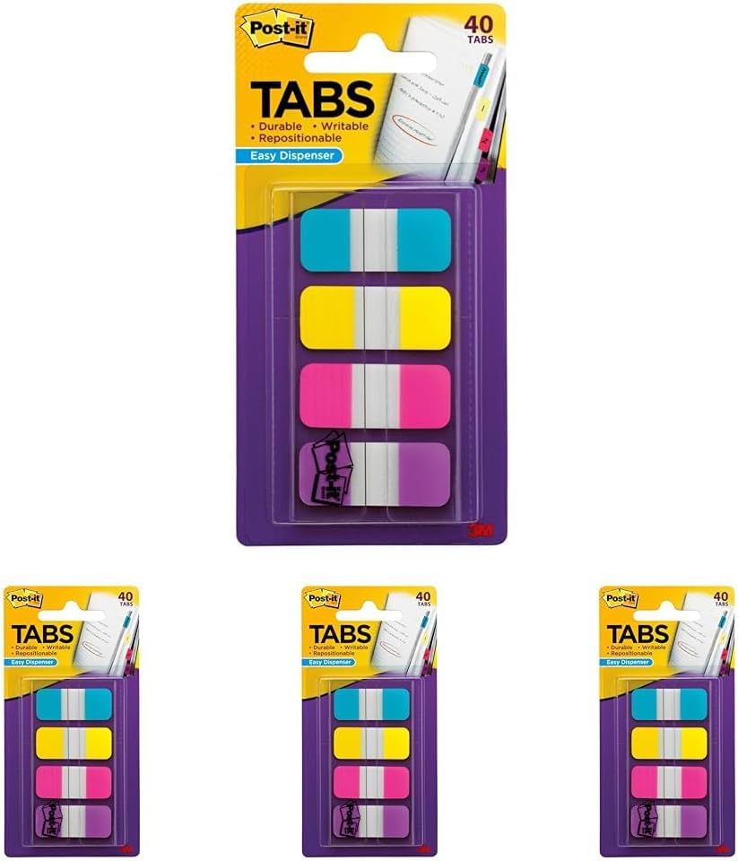 Post-it Tabs, .625 in Solid, Aqua, Yellow, Pink, Violet, 10/Color, 40/Dispenser (676-AYPV) (Pack of 4)
