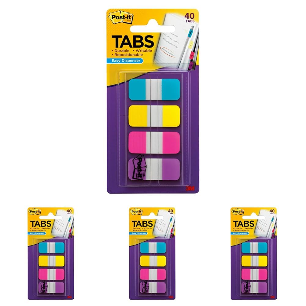 Post-it Tabs, .625 in Solid, Aqua, Yellow, Pink, Violet, 10/Color, 40/Dispenser (676-AYPV) (Pack of 4)