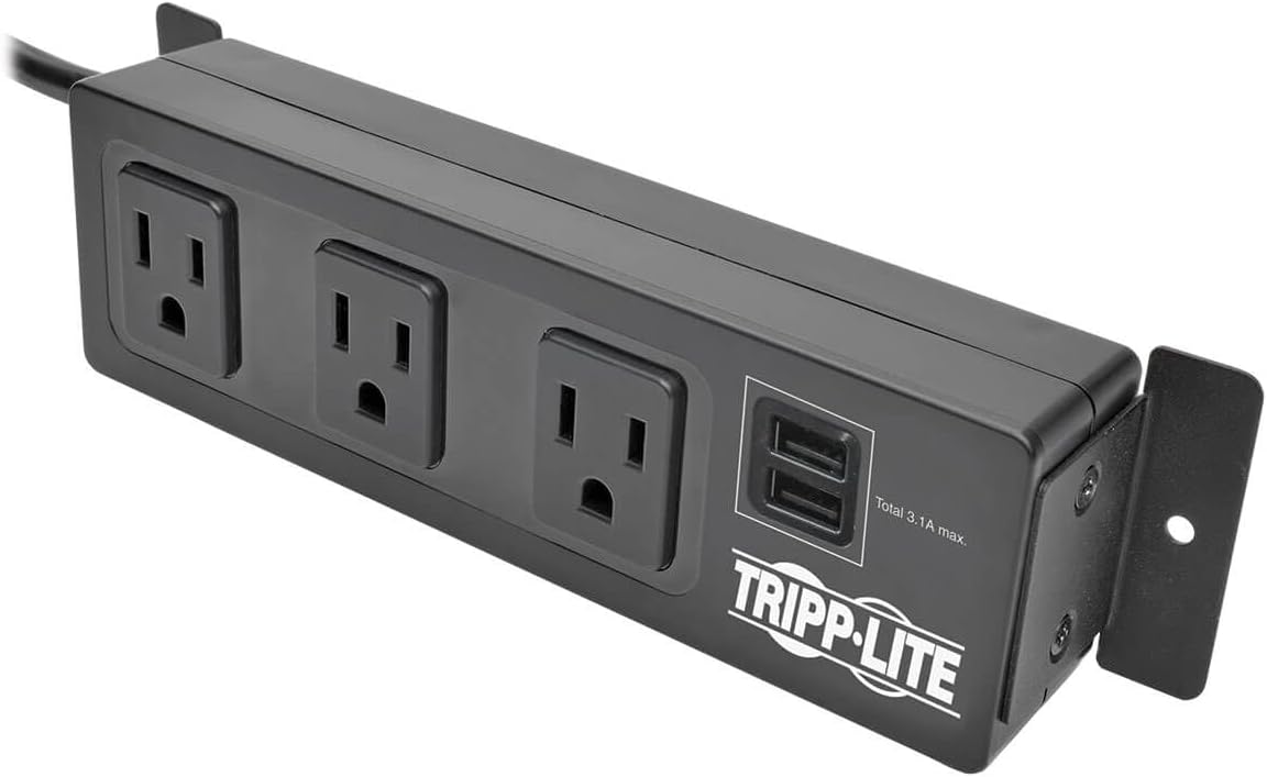 Tripp Lite 3 Outlet Surge Protector Power Strip with Mounting Brackets, 10ft Cord, 2 USB Charging Ports, & $20