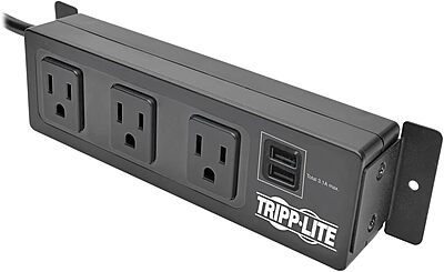 Tripp Lite 3 Outlet Surge Protector Power Strip with Mounting Brackets, 10ft Cord, 2 USB Charging Ports, & $20