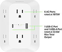 Belkin 6-Outlet Surge Protector Power Strip, ETL-listed, Wall-Mountable w/ 6 AC Outlets, Overvoltage Protection