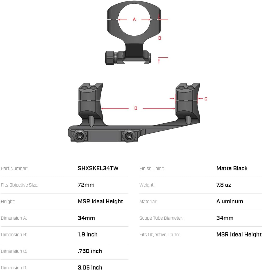 WARNE SHXSKEL34TW 1.9 inch Super High, 34mm MSR Mount, 6061/T6 Aluminum, Steel Threaded Inserts, Black