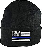 Thin Blue Line Flag Winter Hat Black Police Knit Cap USA Made