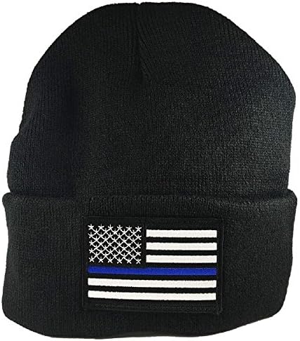 Thin Blue Line Flag Winter Hat Black Police Knit Cap USA Made
