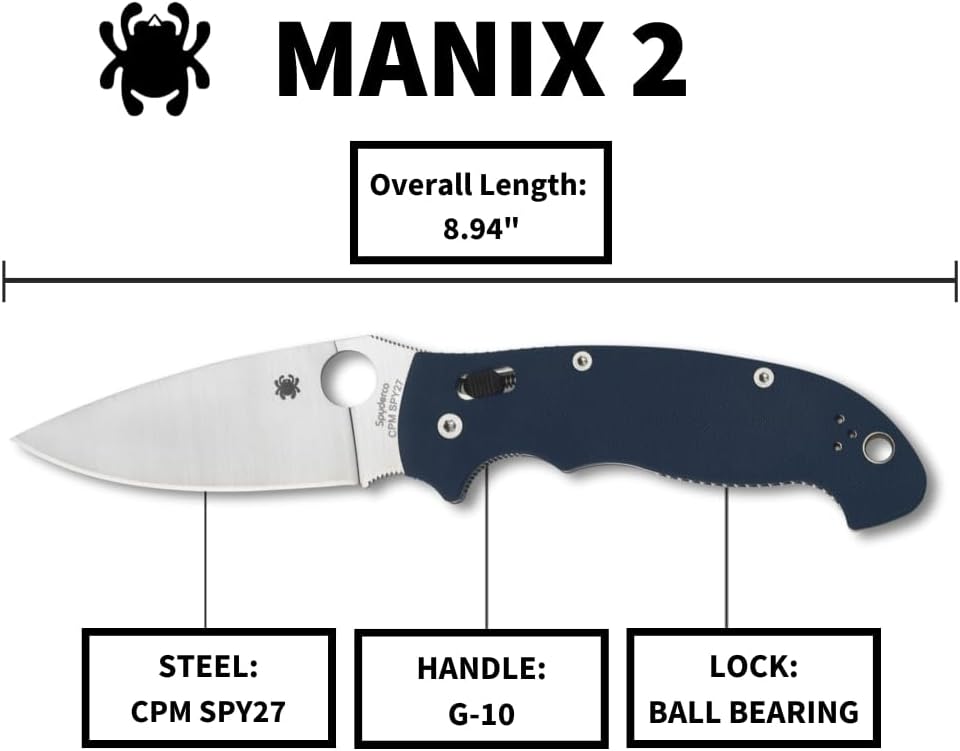 Spyderco Manix 2 XL Folding Knife, Cobalt Blue G-10 Handle - CPM-SPY27 Steel Satin Blade, 3.85 Inches Blade Length
