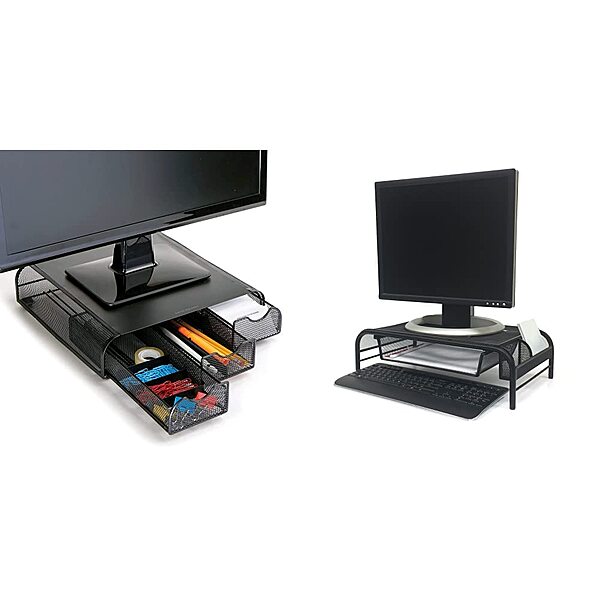 Mind Reader Metal Monitor Stand and Desk Organizer, 3inH x 12-1/2inW x 13-1/4inL, Black