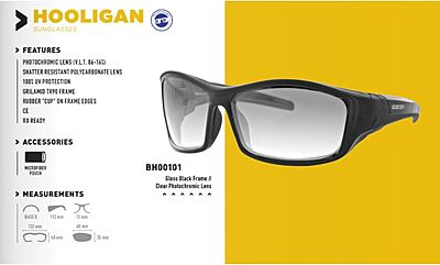 Bobster ® Hooligan, Gloss Black Frame, Clear Photochromic Lens