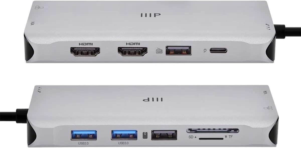 Monoprice 12-in-1 Dual-HDMI + VGA MST Triple Monitor Docking Station, Dual 4K HDMI, VGA, 5Gbps USB-A, Gigabit Ethernet