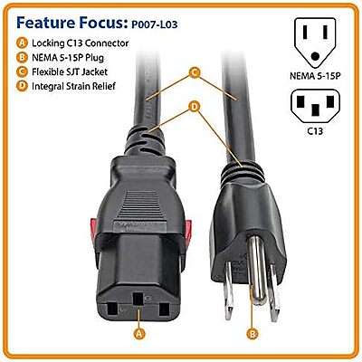 TRIPP LITE NEMA 5-15P to Locking C13 Power Cord, 14 AWG, 15A/125V