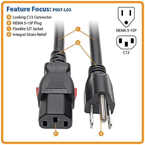 TRIPP LITE NEMA 5-15P to Locking C13 Power Cord, 14 AWG, 15A/125V