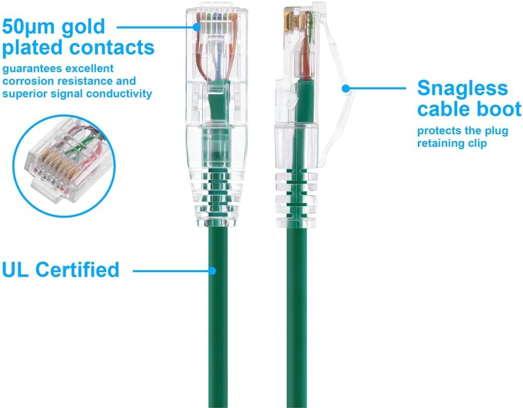 Monoprice Cat6 Ethernet Patch Cable - Snagless, Stranded, 550MHz, UTP, CMR Rated, 28AWG, 3 Feet, Green - SlimRun Series