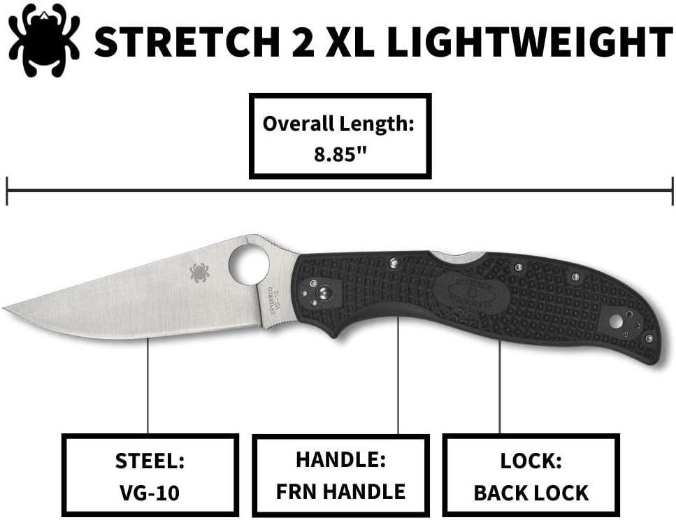 SPYDERCO Stretch 2 XL Lightweight Pocket Knife with 3.43\" VG-10 Blade and Black FRN Handle