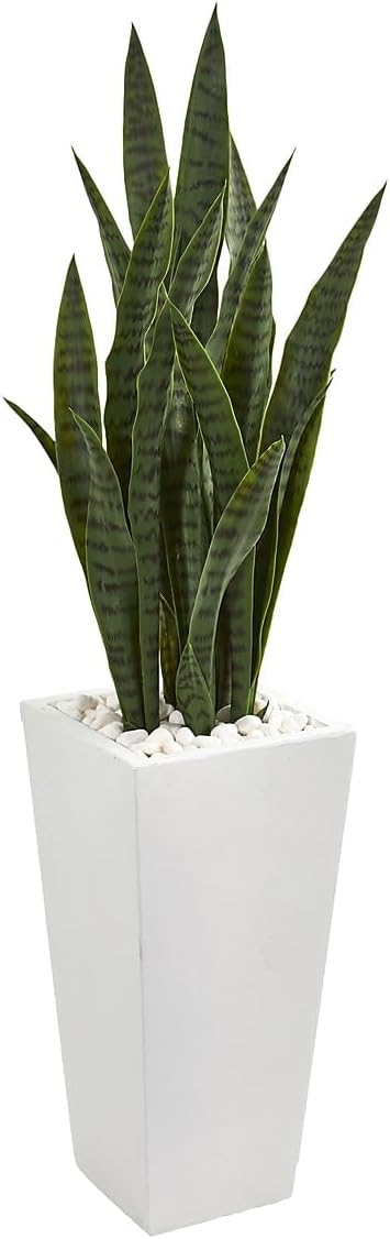 Nearly Natural 4’ Sansevieria Artificial White Tower Planter Silk Plants Green