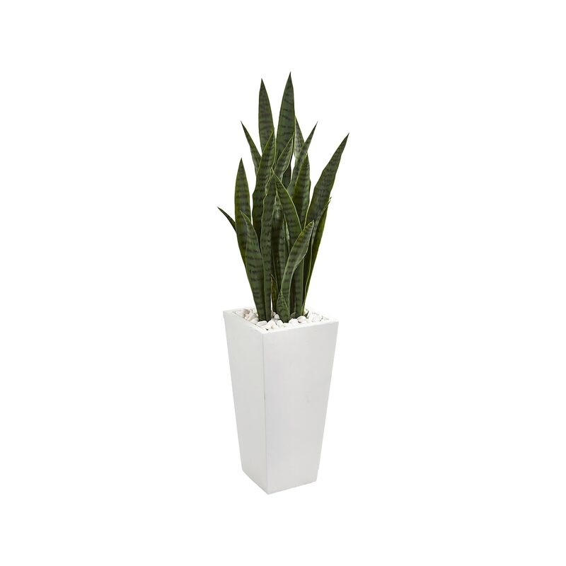 Nearly Natural 4’ Sansevieria Artificial White Tower Planter Silk Plants Green