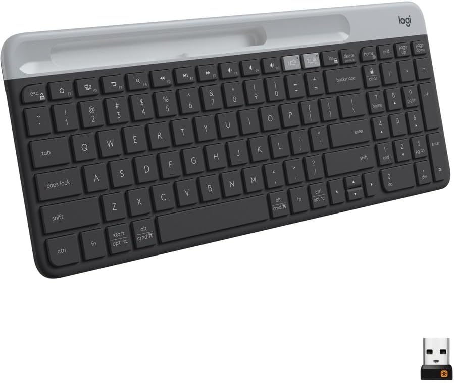 Logitech K585 Multi-Device Slim Wireless Keyboard, Built-in Cradle for Device; for Laptop, Tablet, Desktop, Smartphone