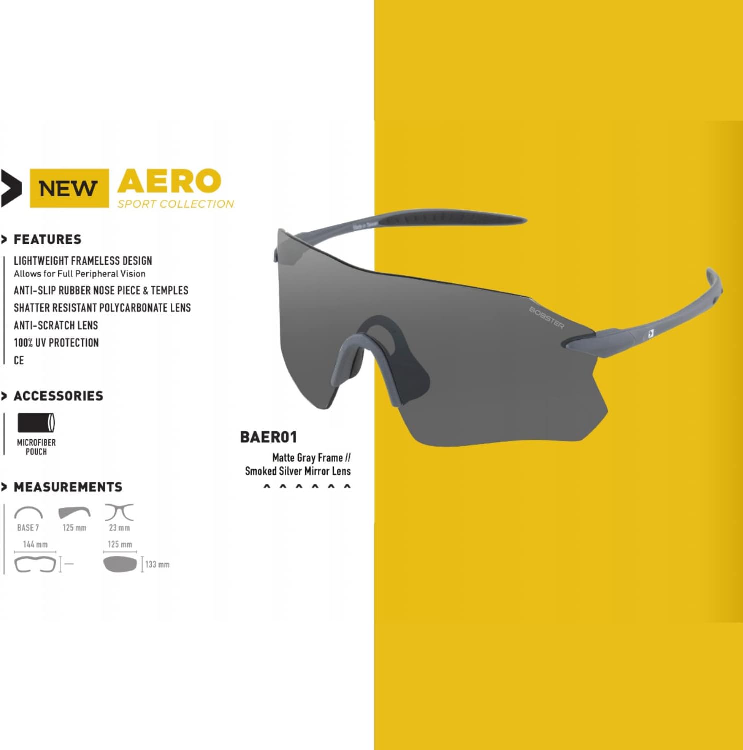 Bobster® Aero Cycling Sunglass Matte Gray Frame, Smoke Silver Mirror Lens