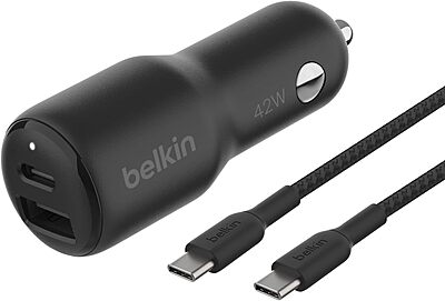 Belkin BoostCharge 42-Watt Dual Port Fast Car Charger with30W USB-C & 12W USB-A Ports
