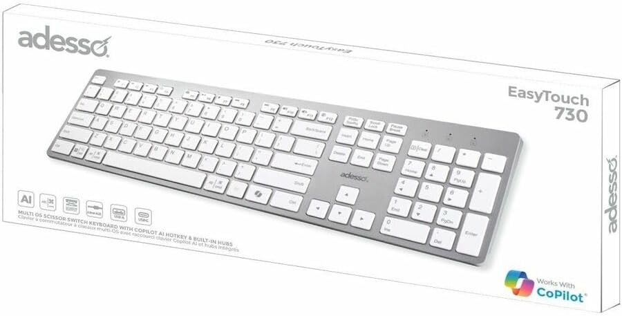 Adesso EasyTouch 730UW USB-C Multi OS Scissor Switch Keyboard with Copilot AI Hotkey and USB-C, USB-A, 3.5mm Aux Ports