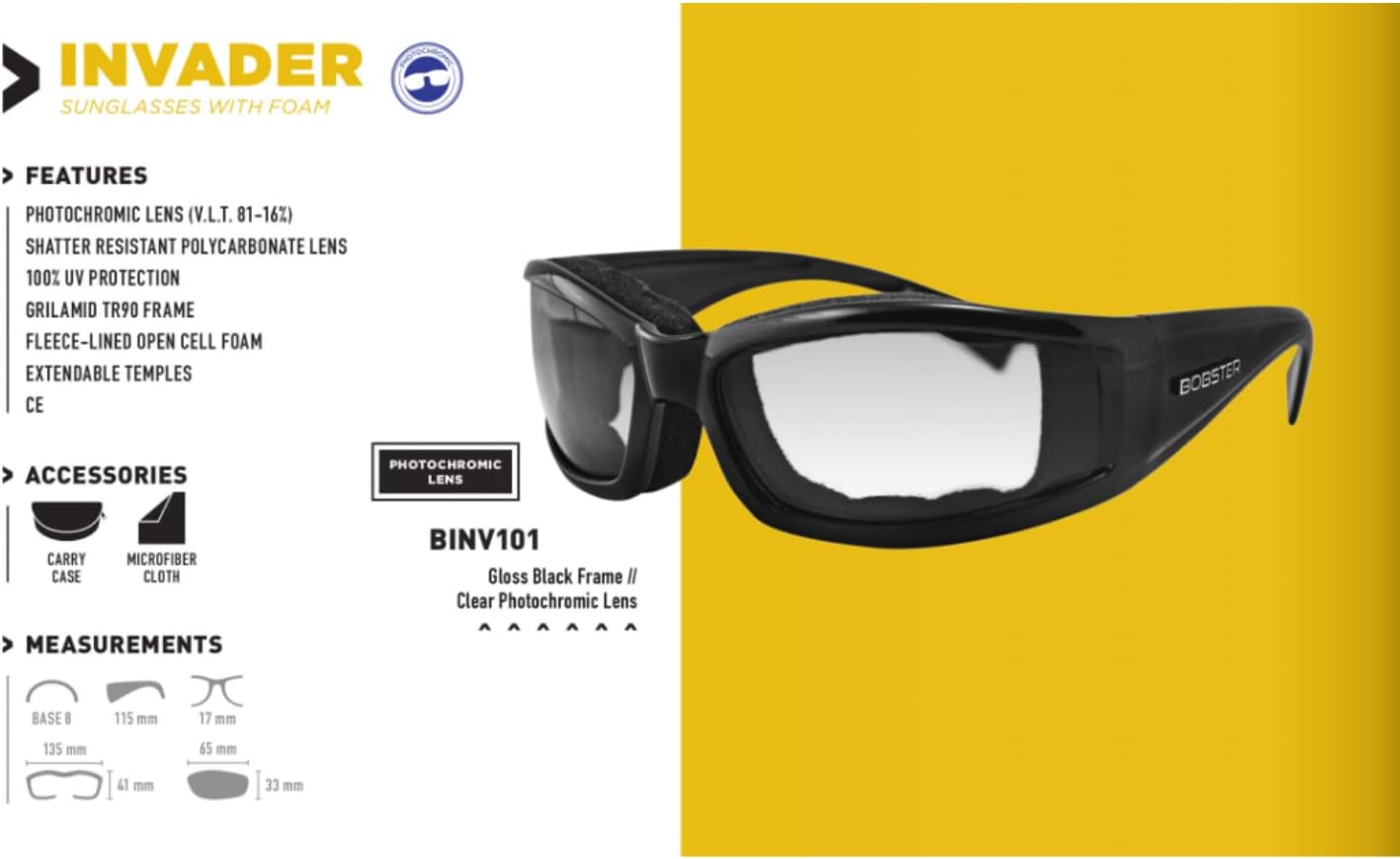Bobster ® Invader, Gloss Black Frame, Clear Photochromic Lens