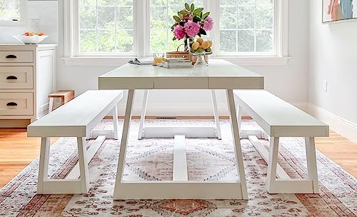 Solid Wood Farmhouse Dining Bench – Seashell Wirebrush Finish