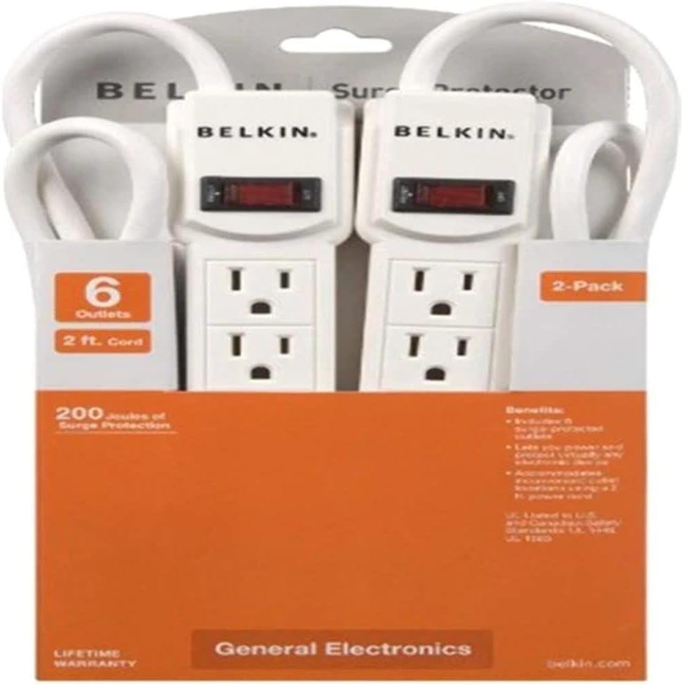Belkin F5C048-2 6-Outlet Surge Protectors, 2-Pack - 200 Joules, 2 ft Cord