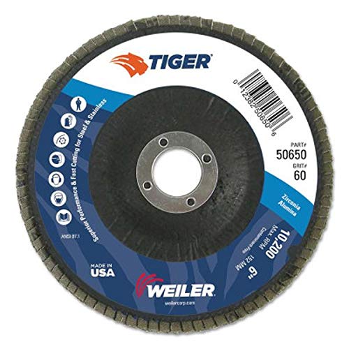 Weiler 804-50650 Tiger Premium Type 29 Angled Flap Disc, Zirconia Alumina, 60 Grit, 7/8", 10200 rpm, 6"