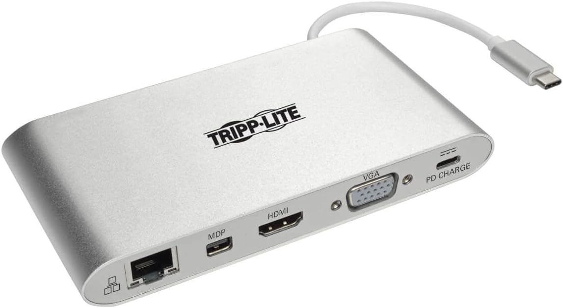 Tripp Lite USB-C Docking Station w/USB-A, HDMI, VGA, mDP, Gbe, Memory Cards 3.5mm, USB C PD Charging 4K @ 30Hz