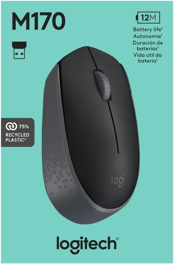 Logitech M170 Wireless Mouse for PC, Mac, Laptop, 2.4 GHz with USB Mini Receiver - Battery Life, Ambidextrous