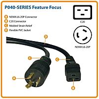 Tripp Lite Heavy-Duty Power Cord for PDU and UPS 20A, 12AWG (IEC-320-C19 to NEMA L6-20P) 6-ft.(P040-006) Black