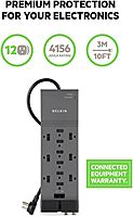 Belkin Power Strip Surge Protector with 12 AC Multiple Outlets, 10 ft Long Flat Plug Heavy Duty Extension Cord for Home