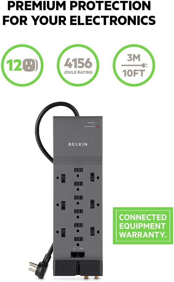 Belkin Power Strip Surge Protector with 12 AC Multiple Outlets, 10 ft Long Flat Plug Heavy Duty Extension Cord for Home