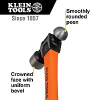 Klein Tools H80332 Ball-Peen Hammer, 32-Ounce Head, Fiberglass Non-Slip Shock Absorbing Grip Handle with Tether Hole, 15-Inch