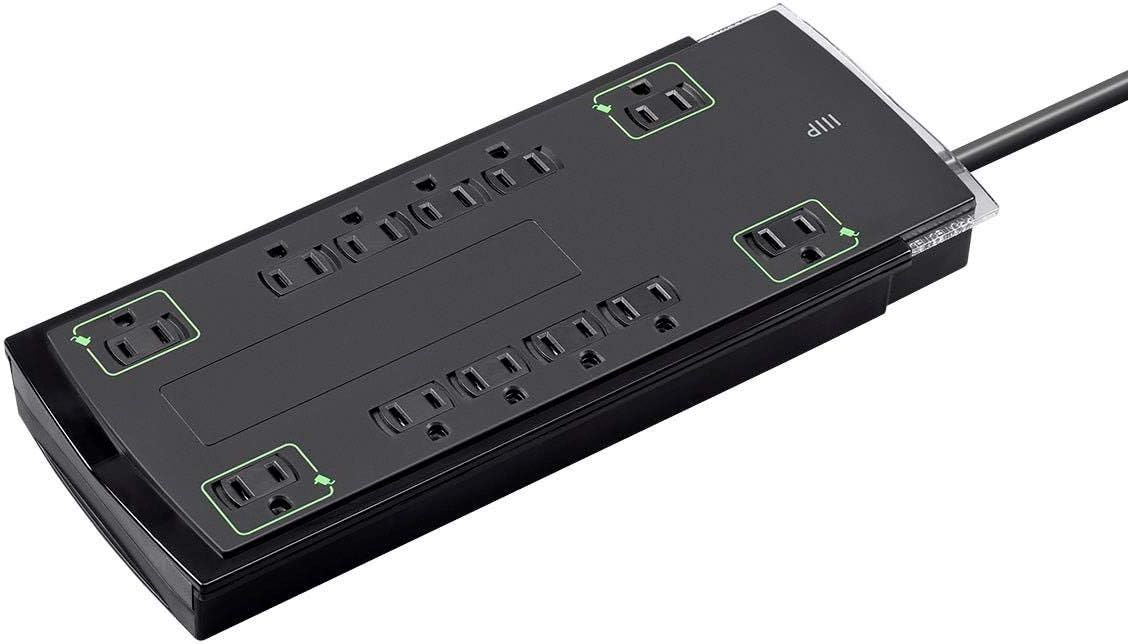 Monoprice 12 Outlet Slim Surge Protector Power Strip - 10 Feet - Black | Heavy Duty Cord | UL Rated, 4
