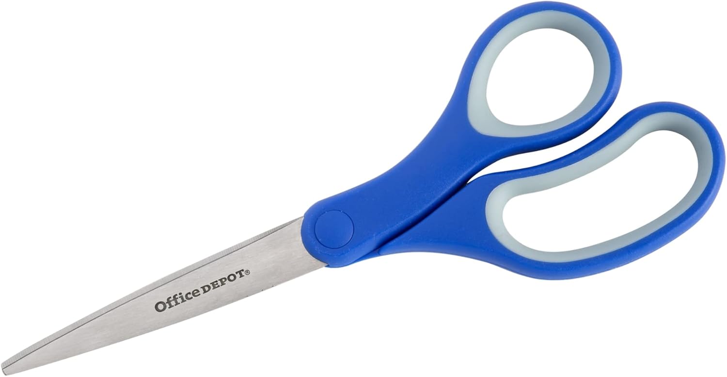 Office Depot Brand Soft Handle Stainless Steel Scissors, 8in, Straight, Blue/Gray