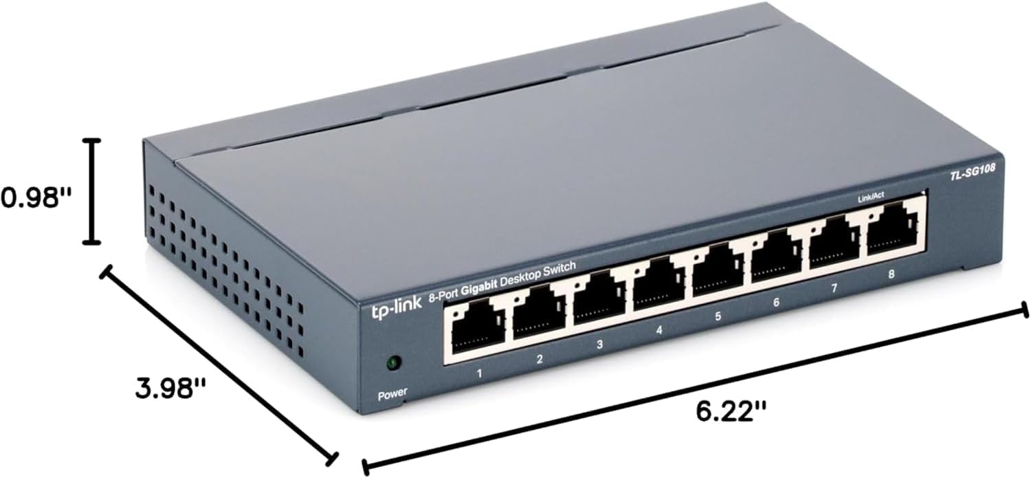 TP-Link TL-SG108 8 Port Gigabit Unmanaged Ethernet Network Switch, Ethernet Splitter Plug & Play Fanless Metal Design