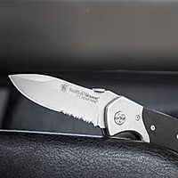 Smith & Wesson 8in High Carbon S.S. Folding Knife with 3.3in Drop Point Blade and S.S. with G-10 Inlay Handle for Outdoor, Tactical, Survival and EDC Box