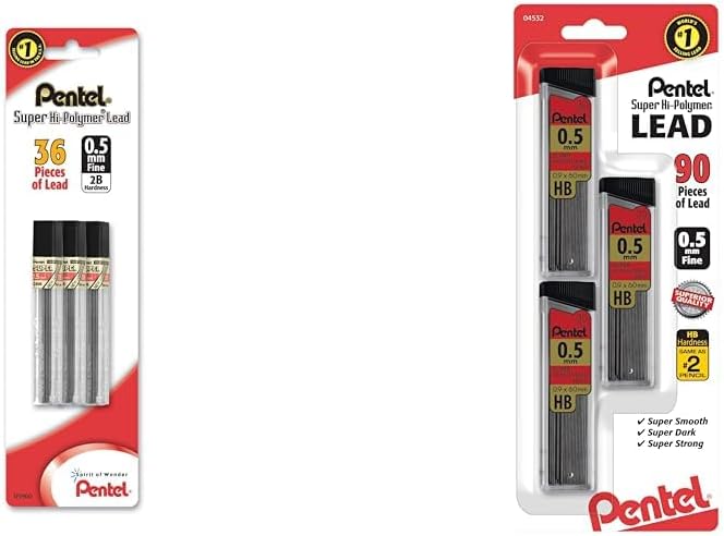 Pentel Super Hi-Polymer Leads, 0.5 mm, 2B, 12 Leads Per Tube, Pack Of 3 Tubes