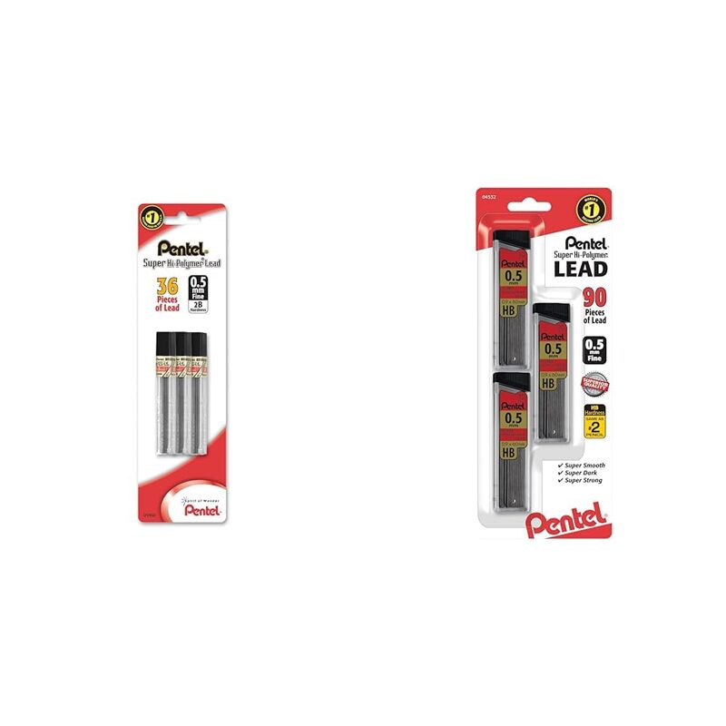 Pentel Super Hi-Polymer Leads, 0.5 mm, 2B, 12 Leads Per Tube, Pack Of 3 Tubes