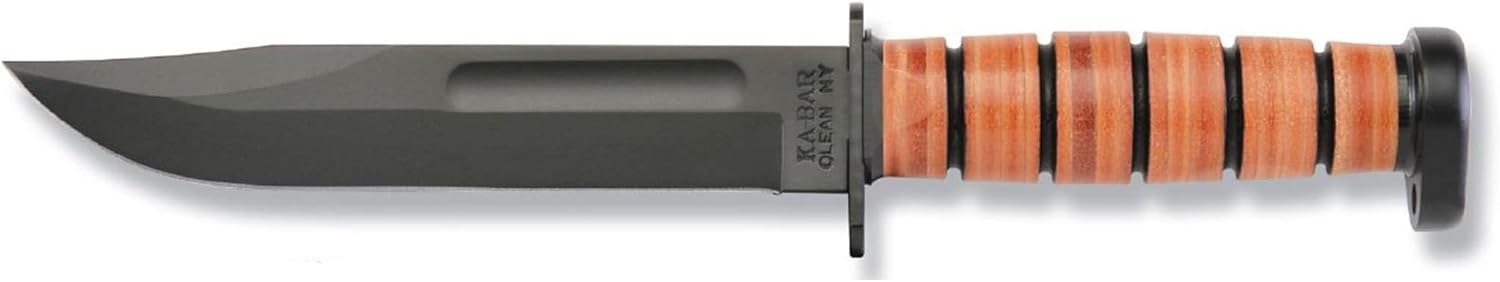 KA-BAR Dog's Head Utility Knife Fixed Blade Knife 7" Clip Point 1095 Cro-Van Black Blade Stacked Leather Handle Black/Brown